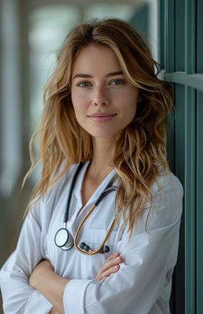 Female physician smiling confidently, arms crossed, in front of window, exuding professionalism and warmthの素材