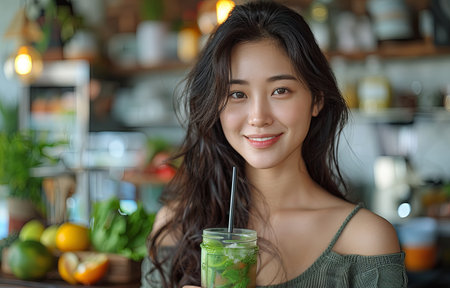 an Asian woman enjoys a smoothie amidst pristine surroundingsの素材