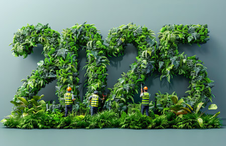 Outdoor greening scene workers in fluorescent green vests amidst grass covering 2025 illustrationの素材