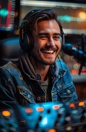 Smiling man with headphones speaks into microphone, recording a podcast or addressing the cameraの素材