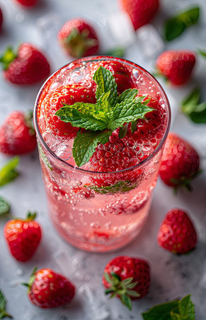 Strawberry mocktail garnished with fresh mint leaves, presented elegantly against a clean white backdropの素材