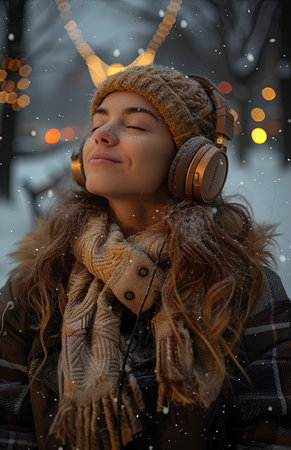 Beautiful woman with headphones sits on park bench, eyes closed, enjoying music peacefullyの素材