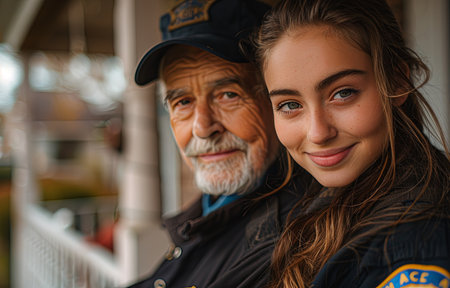 young woman in a black firefighter uniform smiles at an elderly man dressed as a policeman, both facing the cameraの素材