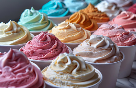 Close-up view showcases a variety of vibrant ice cream flavors in enticing displayの素材
