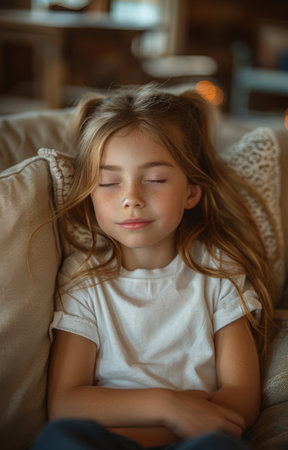 Young girl peacefully slumbers on the cozy couch, her innocence radiating in tranquil reposeの素材