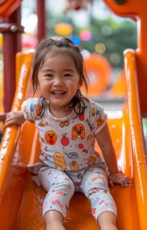 Joyful child gleefully descends park slide, embracing summer's warmth and playful spiritの素材