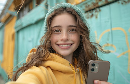 Smiling young woman takes a selfie with her phone, radiating joy in a half-length portraitの素材