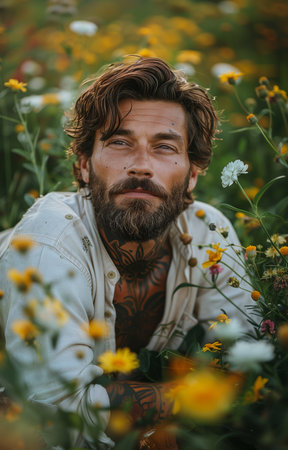 rugged gentleman reclines amidst a meadow's vibrant blooms, exuding natural allure and tranquilityの素材