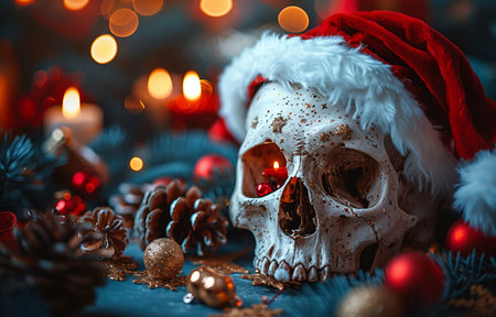 Human skull adorned festively with Santa hat and Christmas ornaments for a unique holiday displayの素材