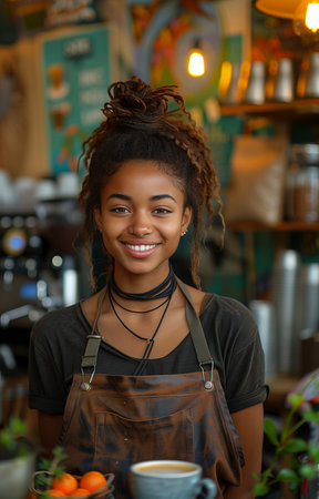 Joyful barista serves coffee to customers at cafの素材