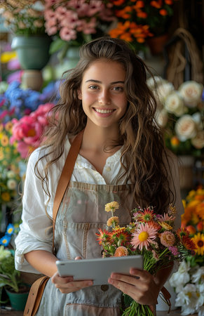Young florist joyfully holds tablet amidst vibrant blooms, radiating passion in bustling flower boutiqueの素材