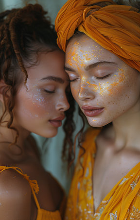 Two diverse beauties, eyes shut, hair braided or in dreadlocks, radiating tranquility and elegance.の素材