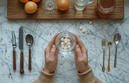 Person sitting at table with pills, water, and kitchen utensils, ready for healthy preparationの素材
