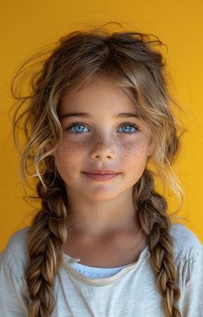 Joyful child with braided hair, beaming in white tee on vibrant yellow backdropの素材