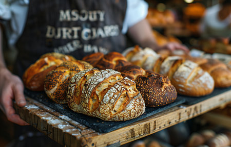 Bakery showcasing an array of fresh breads with prominent signageの素材
