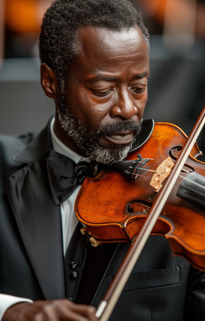 Stylish black-suited African American violinist performs soulful melodies on his elegant fiddle with finesseの素材