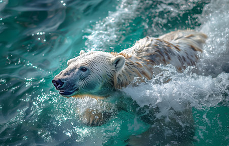 Polar bear gracefully swims in animal park's water, exhibiting natural elegance and strengthの素材