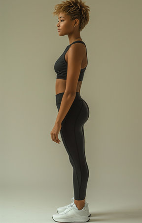 Sporty blonde woman in black leggings and white sneakers exudes athletic elegance and confidenceの素材