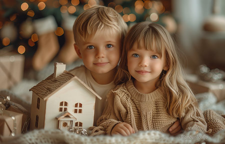 Two kids, a boy and a girl, sit near a white model house amid Christmas decorの素材