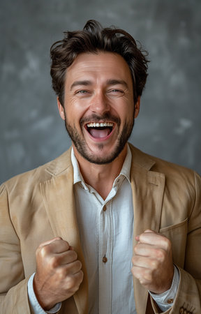 Portrait of jubilant businessman in beige suit rejoicing in triumphant achievementの素材