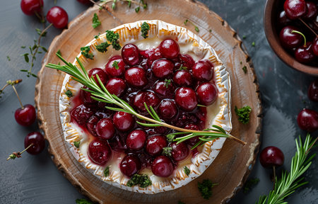 Chic arrangement showcasing Camembert cheese paired elegantly with vibrant cherry jamの素材