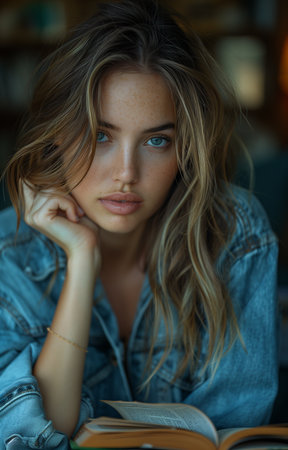 Stylish woman relaxes on sofa, engrossed in book, exuding beauty and tranquility effortlesslyの素材