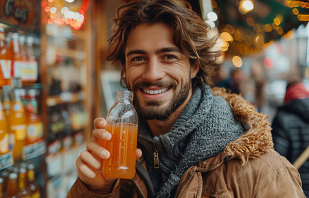 Young man with a beard joyfully raises a glass, toasting, standing on a vibrant streetの素材