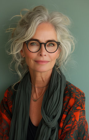 Joyful senior lady poses against soft green backdrop in charming portrait capturing contentmentの素材