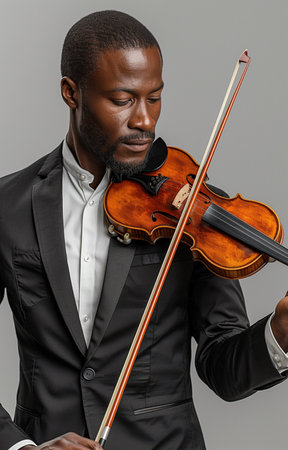 Stylish black-suited African American violinist performs soulful melodies on his elegant fiddle with finesseの素材