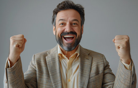 Portrait of jubilant businessman in beige suit rejoicing in triumphant achievementの素材