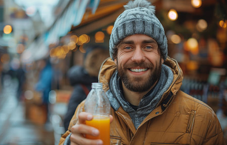 Young man with a beard joyfully raises a glass, toasting, standing on a vibrant streetの素材