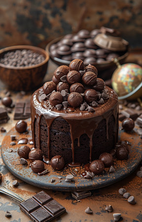 World Chocolate Day. Celebrate with a globe cake, symbolizing chocolate's global happiness appealの素材