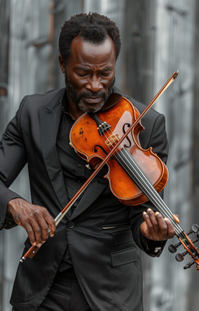 Stylish black-suited African American violinist performs soulful melodies on his elegant fiddle with finesseの素材