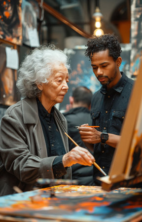 Elderly businesswoman guides gray haired man in painting a canvas, sharing artistic techniques and insightsの素材