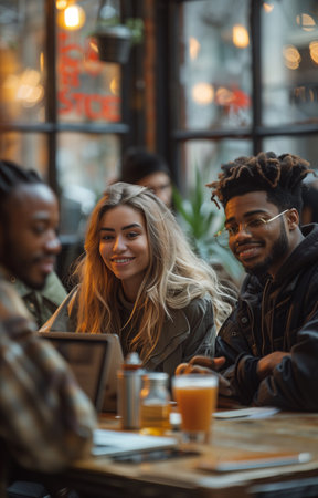 Multiethnic business team discussing at a modern office table, dressed casually, with a laptop on deskの素材