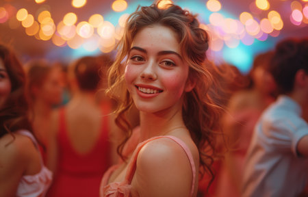 Gen Z Dancers Grooving at Retro Party, Sporting Classic Fashion in Nostalgic Atmosphereの素材