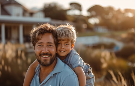 Father joyfully carries son on shoulders, bonding amidst the serene greens of the golf courseの素材