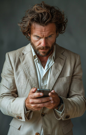 In a beige suit, a man glares at his phone, exuding frustration and annoyanceの素材