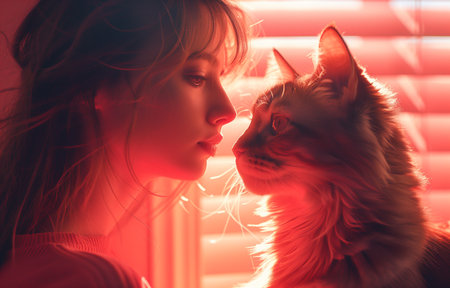 Portrait of woman with cat against soft pink backdrop, conveying serenity and companionshipの素材