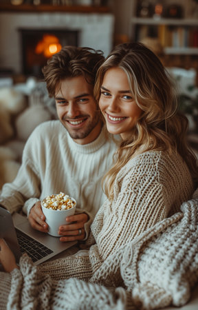 Happy young couple enjoying popcorn on a white sofa, watching a movie together on a laptopの素材