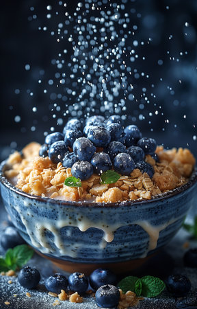 Blueberry Crisp captured in vibrant detail, highlighting its golden-brown crust and juicy, fresh blueberriesの素材