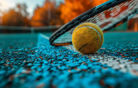 Engage in tennis on a court with racket and ball, mastering your game with finesseの素材