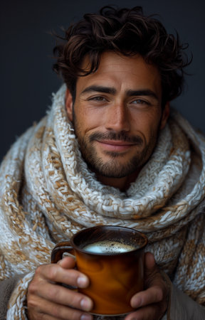 Content gentleman cozied in a blanket, cradling a warm coffee mug, radiating comfort and joyの素材