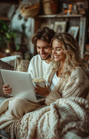 Happy young couple enjoying popcorn on a white sofa, watching a movie together on a laptopの素材
