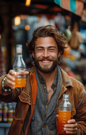 Young man with a beard joyfully raises a glass, toasting, standing on a vibrant streetの素材