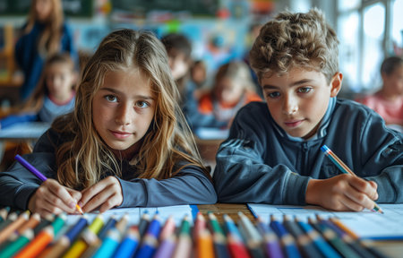 High school students seated at desks in classroom, writing with pencils on white paperの素材