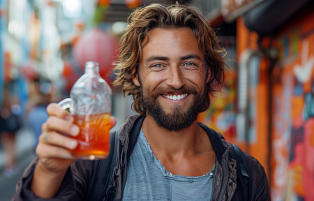 Young man with a beard joyfully raises a glass, toasting, standing on a vibrant streetの素材