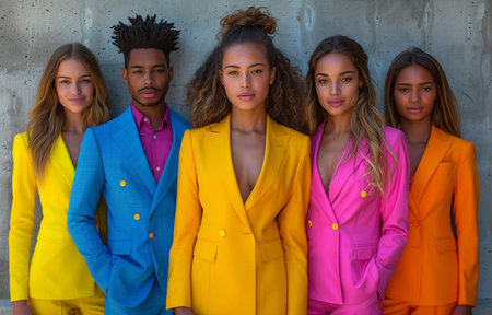 Young professionals in vibrant atmosphere stand against a neutral backdrop, exuding confidence and positivityの素材