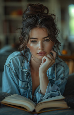 Stylish woman relaxes on sofa, engrossed in book, exuding beauty and tranquility effortlesslyの素材