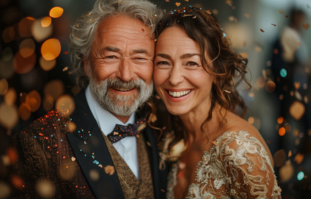 Senior couple joyfully reaffirming their vows, celebrating their enduring love on their wedding anniversaryの素材